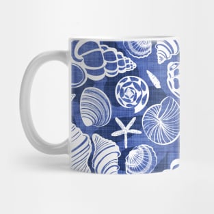 Sea treasures // pattern // electric blue faux texture background catalina blue shadows white delineated seashells Mug